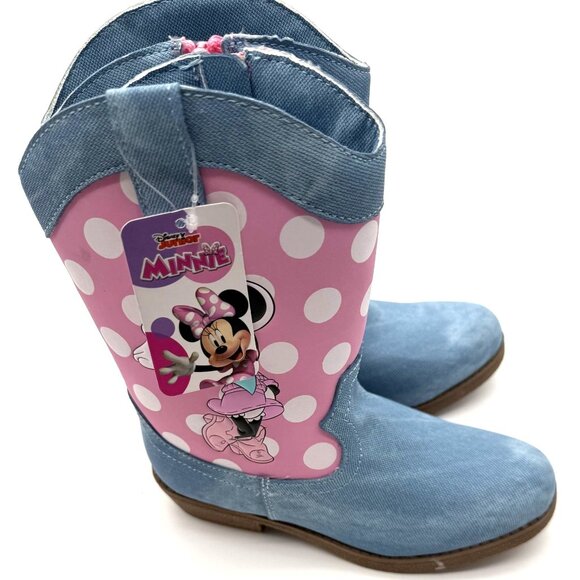 Disney Junior Minnie Mouse Girls Pink Polka Dot & Blue Denim Cowboy Boots Size 1 - Picture 4 of 7